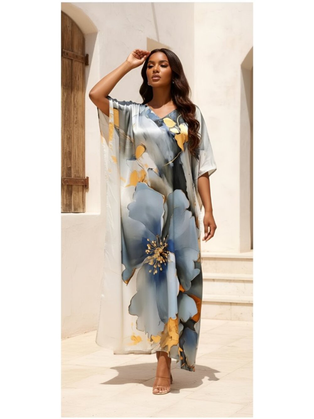 Floral Satin Silk Kaftan Maxi Dress | Elegant Plus Size Resort & Vacation Wear